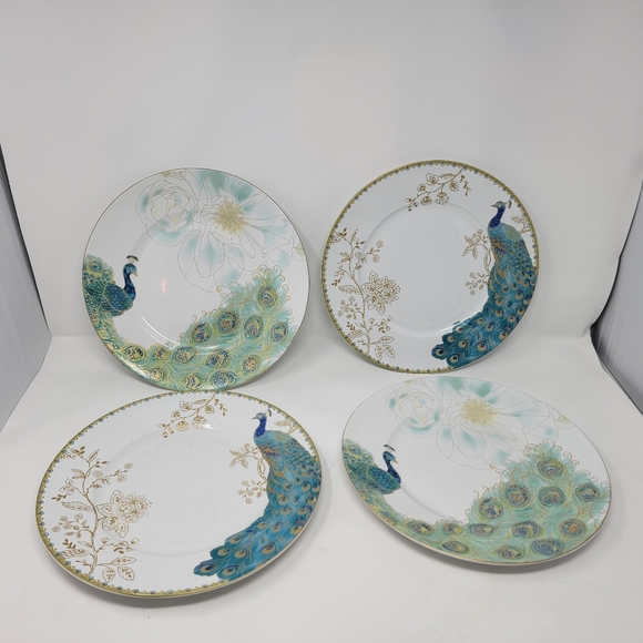 222 Fifth 2 Peacock Garden & 2 Lakshmi peacock Dinner Plate 10.75 4 total